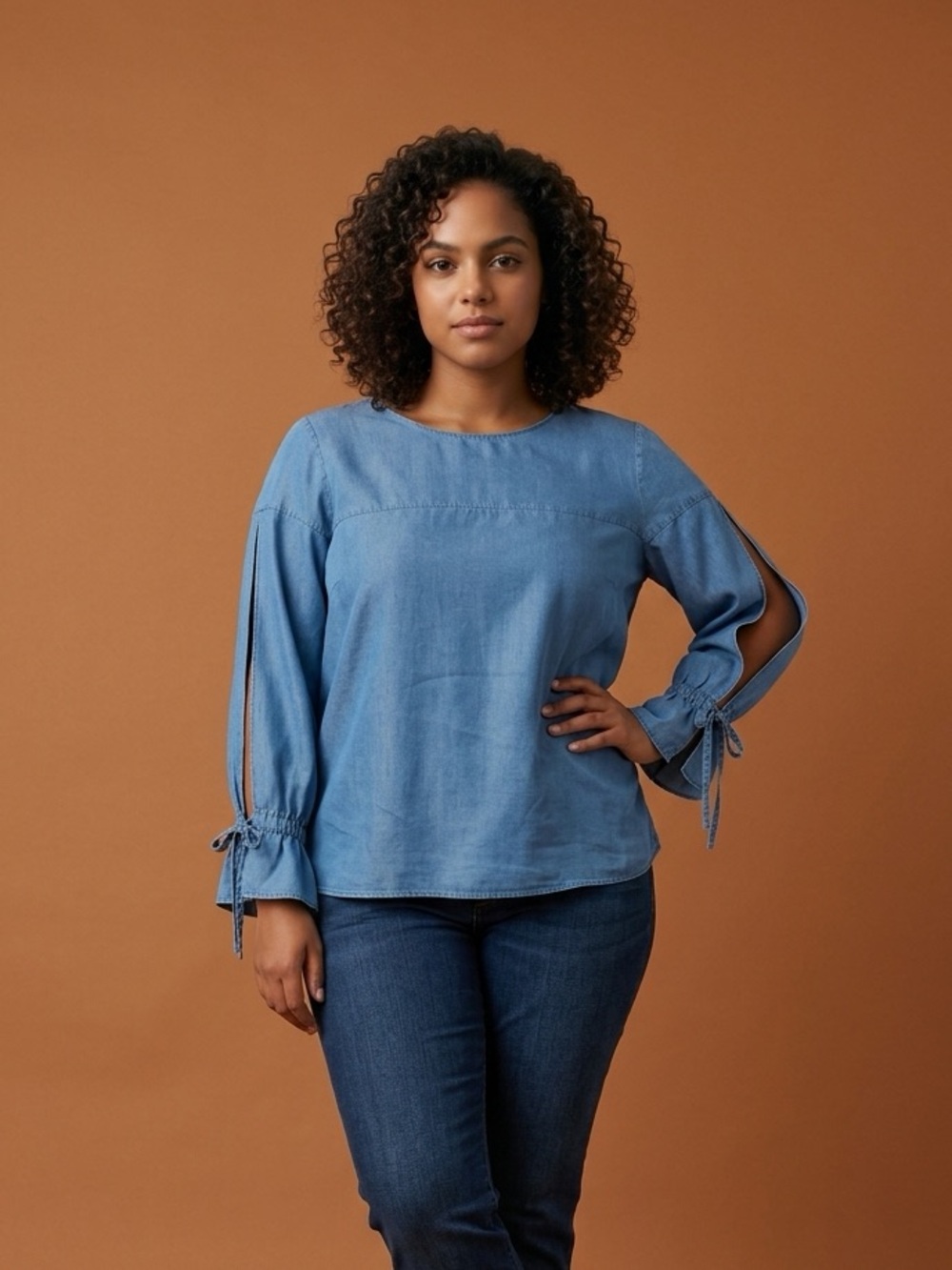 Banana Republic Chambray Blue Split-Sleeve Tie Cuff Top